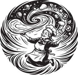 Fototapeta premium Joyful grandmother chef tossing ingredients in swirling vortex of cosmic food creation