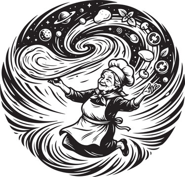 Joyful grandmother chef tossing ingredients in swirling vortex of cosmic food creation