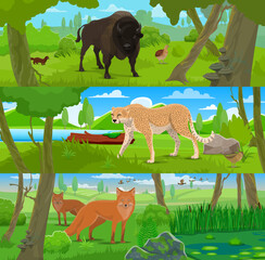 Fototapeta premium Cartoon wild animals, hunting sport. Vector bison, partridge bird and sable in the woods, cheetah near lake, two foxes beside green bushes. Wildlife conservation, natural park, hunting sport animals