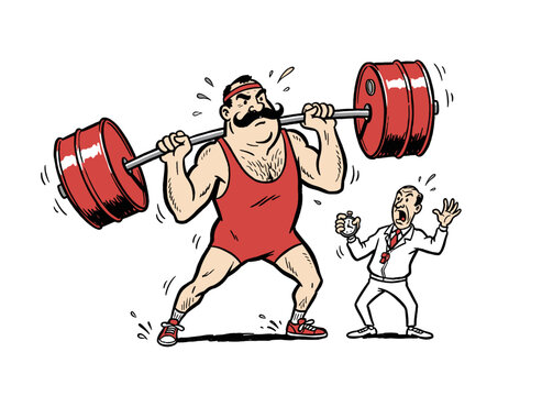 Strongman cartoon vector illustration. Weightlifting competition artwork. Strength sport graphics design. Vintage circus strongman character. Power li