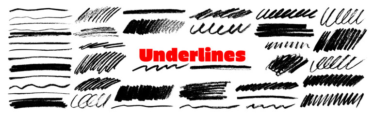 Fototapeta na wymiar Charcoal or chalk underline and highlight set. Squiggly and scribble lines, strike through with crayon texture, straight pencil strokes. Hand drawn underline stripes, vector doodle scratchy scribbles.