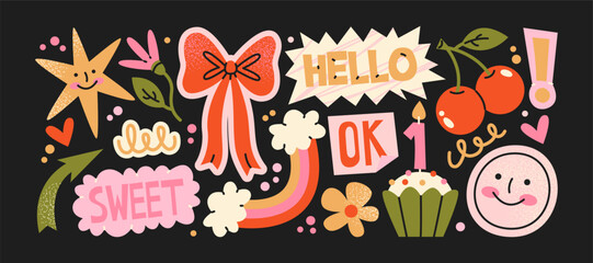 Cartoon doodle y2k patches, labels, tags, stickers, stamps in retro. Groovy cute stickers in funky hipster grunge 90s style. Vector set, trendy promo labels