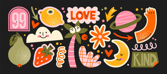 Fototapeta premium Cartoon doodle y2k patches, labels, tags, stickers, stamps in retro. Groovy cute stickers in funky hipster grunge 90s style. Vector set, trendy promo labels