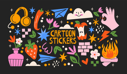 Fototapeta premium Cartoon doodle y2k patches, labels, tags, stickers, stamps in retro. Groovy cute stickers in funky hipster grunge 90s style. Vector set, trendy promo labels