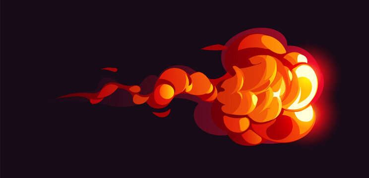 Cartoon magic red smoke effect with bright flame burst. Vector fiery explosion with glowing hot energy and abstract rounded shapes on dark background creating dynamic burning atmosphere