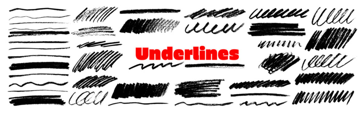 Charcoal or chalk underline and highlight set. Squiggly and scribble lines, strike through with crayon texture, straight pencil strokes. Hand drawn underline stripes, vector doodle scratchy scribbles.