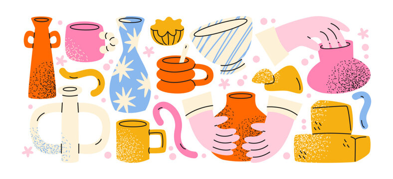 Pottery workshop stickers in cartoon style. Handmade clay vases, mugs and bowls, cozy ceramic studio atmosphere, artisan pottery process and creative clay objects illustration. Ceramic pottery objects