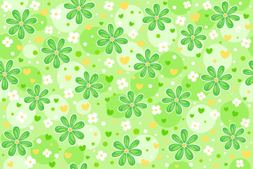 Seamless Green Floral Pattern with Daisies, Hearts, and Polka Dots
