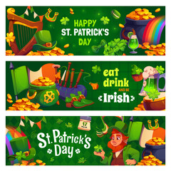 Naklejka premium Happy st Patrick day banners. Cartoon vector festive holiday greeting cards with leprechaun, pot of gold, shamrocks, Irish flag, traditional instruments, and green drinks, golden coins and rainbow