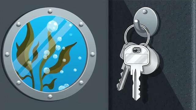 Keys Hanging Next to Submarine Porthole View of Kelp and Bubbles