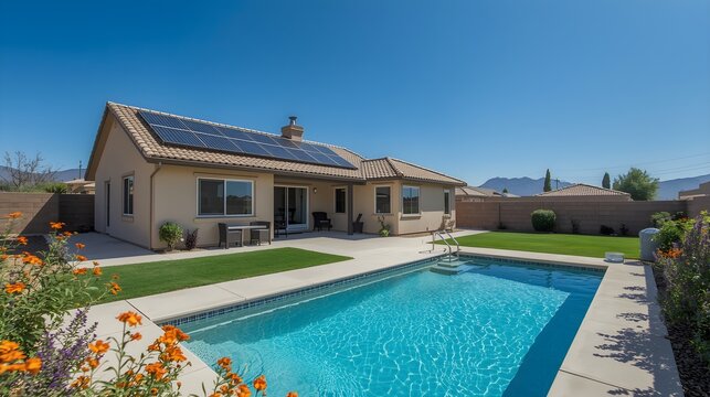 Modern suburban luxury home with swimming pool backyard sunny outdoor lifestyle real estate property