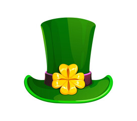 Naklejka premium Cartoon tall, green leprechaun top hat with curved brim, dark band and shiny golden four leaf clover emblem. Vector iconic Irish accessory symbolizes luck and prosperity for st Patrick day folklore