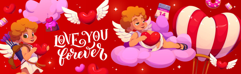 Naklejka premium Valentine day banner with playful cupids holding hearts, surrounded by flying sweets, calendar hearts, and a heart shaped hot air balloon, with love you forever elegant text on vibrant red background