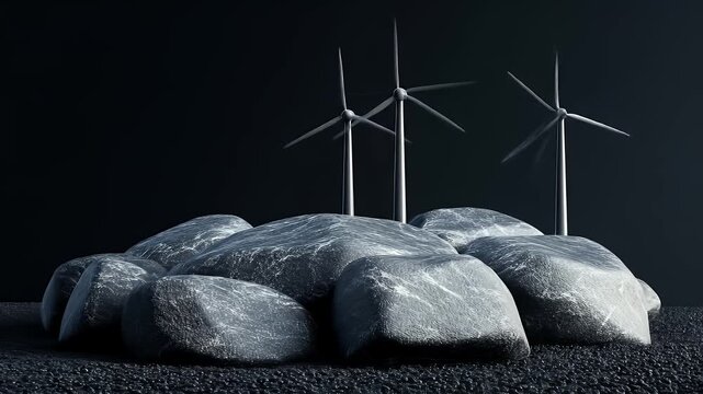 Abstract scene of wind turbines on a rocky outcrop against a dark background