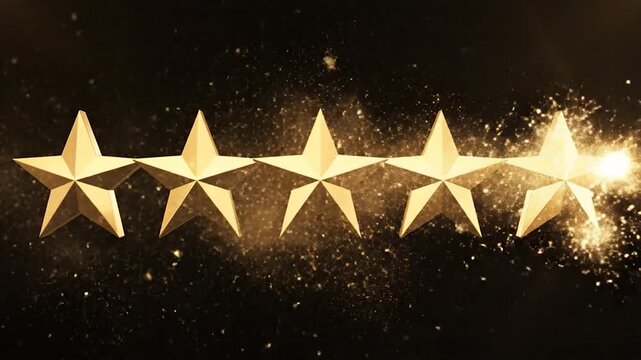 Five golden stars in a row, with the second one glowing brightly, on a dark background