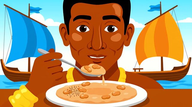Animated Man Eating Bean Stew by Sea with Traditional Boats