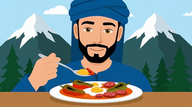 Animated man eating traditional mountain breakfast with peppers and eggs