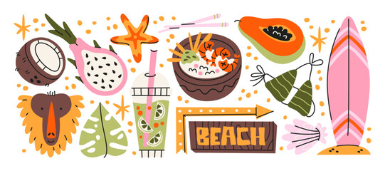 Beach vacation stickers in cartoon style. Tropical fruits, surfboard, smoothie, beach sign and summer food icons. Playful seaside illustrations about tropical travel, island lifestyle, ocean © Limpreom
