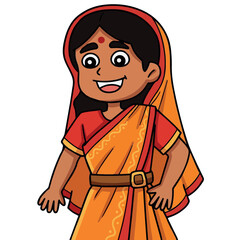 A cheerful cartoon illustration of a young Indian girl wearing a traditional orange sari and smiling with her hands on her hips