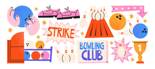 Bowling stickers in cartoon style with balls, pins, shoes and strike symbols, playful bowling club elements showing sport leisure, friendly competition and fun game night atmosphere © Limpreom