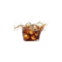Iced cola splash with crystal ice cubes in low glass refreshing carbonated beverage motion photography isolated on white background