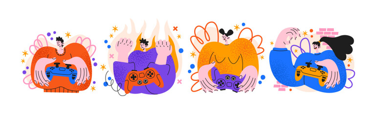 Gaming characters emotions in retro cartoon style. Game objects: controllers, consoles, hands. Emotional gameplay moments, leisure activity symbols, digital entertainment vibes for playful shapes.  © Limpreom