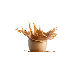 Coffee splash explosion forming crown shape in ceramic cup with flying liquid drops studio photography isolated on white background