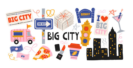 Naklejka premium Big city urban compositions in retro cartoon style. City symbols: skyline, subway sign, traffic light, coffee cup. Metropolitan lifestyle icons, street culture objects, playful city atmosphere 