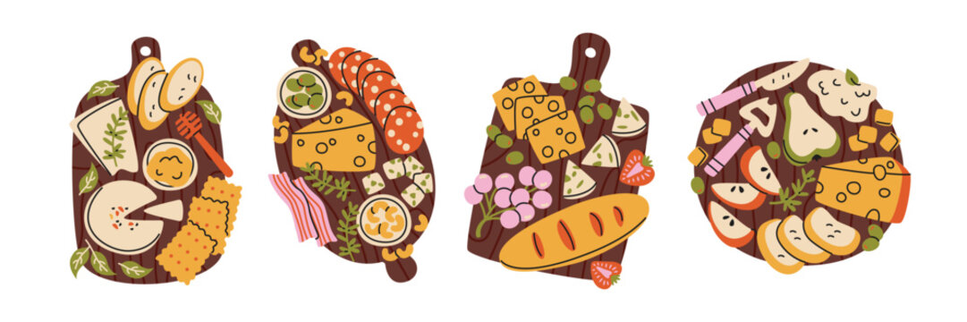 Cheese snack boards in retro cartoon style. Appetizer ingredients: cheese wedges, salami, bread, crackers, olives, fruits. Savory finger food selection for wine tastings, beer evenings and gatherings