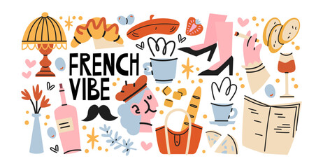 French vibe stickers in retro cartoon style. Collection with croissants, baguettes and cheese as traditional French bakery elements. Trendy illustration set about Paris, romance and cozy lifestyle.