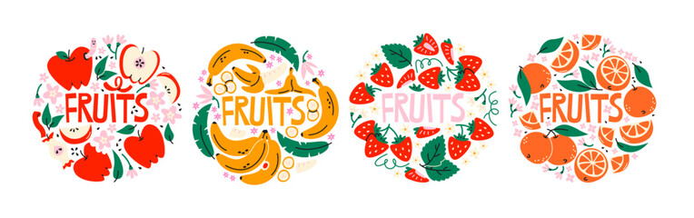 Fruit stickers compositions in retro cartoon style. Fresh produce elements: apples, bananas, strawberries, oranges, leaves. Circular food arrangements, healthy nutrition symbols and playful fruit  © Limpreom