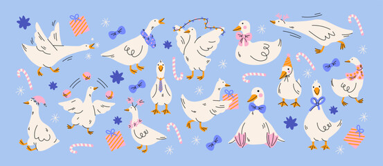 Cute geese stickers in retro cartoon style. Winter holiday elements: geese characters, bows, candy canes, gift boxes, festive poses. Cozy seasonal animal stickers for greetings, prints  © Limpreom