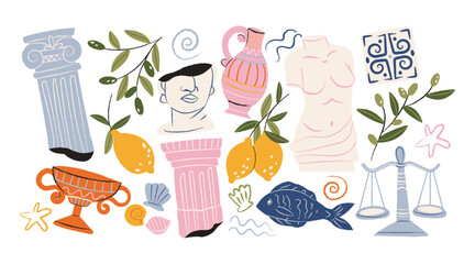 Ancient Greece stickers in retro cartoon style. Classical decor objects: columns, amphora, bust sculpture, lemons, olive branches, fish, scales. Mediterranean mythology elements of ancient Greek  © Limpreom