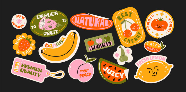 Fruits label stickers in retro cartoon style. Paper tags, fruit names, price stickers, colorful badges, grocery vibe, 90s packaging aesthetic, illustration in retro cartoon style, trendy patches