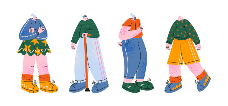 Elderly fashion people characters retro cartoon style. Stylish senior men and women in trendy nineties outfits, oversized clothes, tattoos and colorful streetwear, fashionable aged urban figures