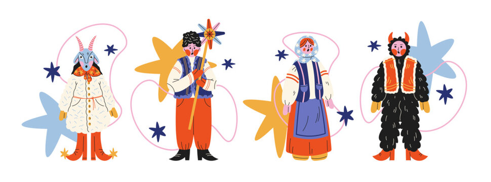 Christmas carolers in traditional folk costumes in retro cartoon style. Festive characters singing winter songs, celebrating holidays together, cultural heritage, seasonal rituals and joyful community