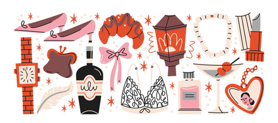 Elegant 90s fashion stickers in retro cartoon style. Luxury items: high heels, wristwatch, perfume bottle, lipstick, lingerie, jewelry, cocktail glass. Chic feminine lifestyle concept 
