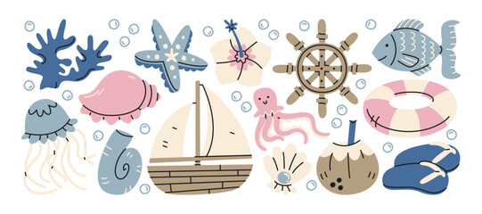 Seaside beach travel stickers in retro cartoon style. Coastal elements: sailboat, anchor, steering wheel, seagull, sandcastle, shells, direction signs. Summer vacation and ocean journey concept © Limpreom