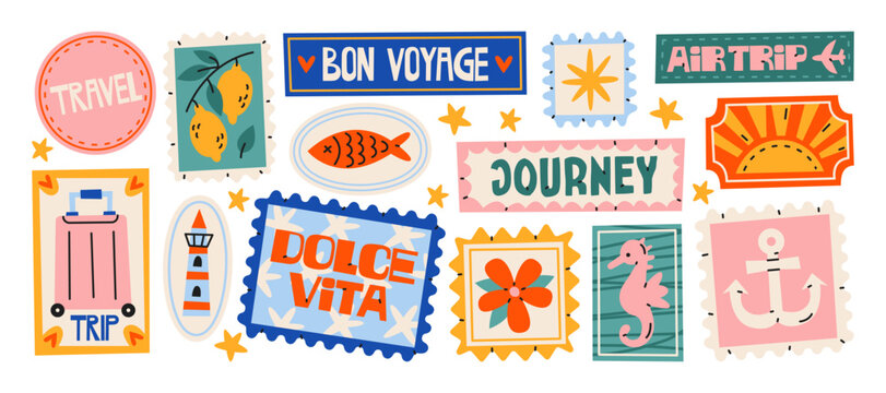 Travel journey stickers in retro cartoon style. Vintage stamp elements: suitcase, lighthouse, fish, anchor, sun, bon voyage labels, decorative frames. Vacation and adventure concept 