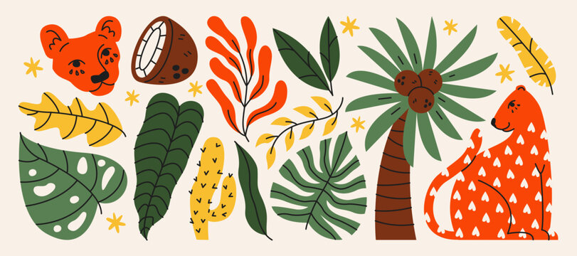 Stickers exotic tropical leaves, tigers, leopards and wild animals, birds, jungle plants, palm trees, monstera leaves and flowers. Set of vector jungle stickers in cartoon retro style