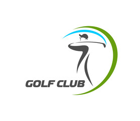 Naklejka premium Golf sport club icon or abstract emblem. Sport league graphic vector sign, golf tournament abstract emblem. Golfer club icon or game competition symbol with man player swinging club