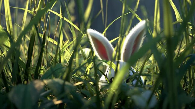 Cute white rabbit peeking through tall green grass in a sunny field, adorable animal hiding in nature.
