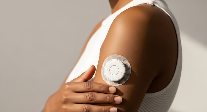 Continuous Health Monitoring with Wearable Medical Sensor Patch on Arm.