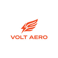 Modern electric wing and lightning bolt icon for aviation technology and fast delivery services branding under the name Volt Aero