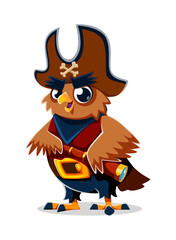 Fototapeta premium Cartoon owl bird pirate crew character Holding spyglass. Captain and corsair sailor owlet wearing a tricorn hat. Isolated adventurous swashbuckler woodland zoo personage, ready for maritime adventures