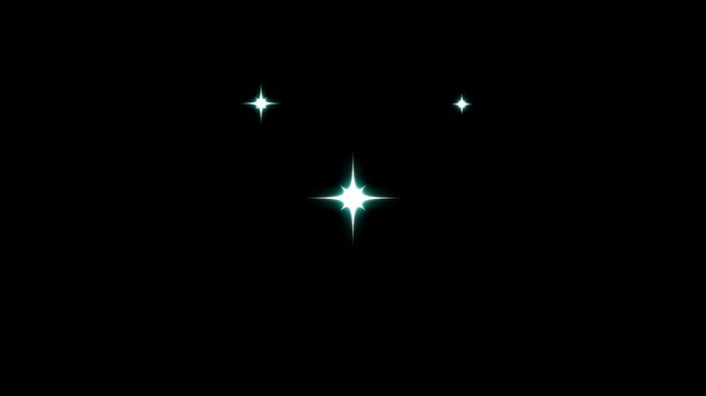 Star twinkling shine animation with luminous light trails, flat vector doodle star motion, glowing glitter effects on black screen chroma key for holiday promotions and creative motion design