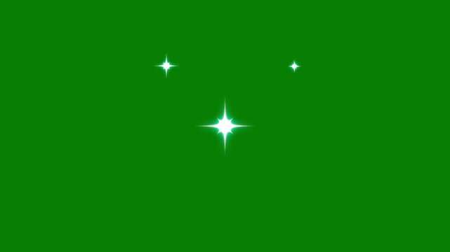 Twinkling star light animation with subtle sparkle movement, flat vector doodle star elements, glowing glitter trails on green screen chroma key for fantasy visuals and professional motion graphics