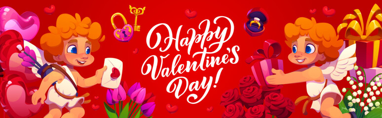 Naklejka premium Valentine day banner with joyful cartoon cupids exchanging love letter and gift, surrounded by roses, tulips, heart shaped balloons, key, lock and romantic symbols on a bright festive red background