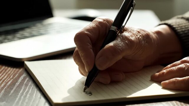 Person writing in a notebook with a pen and laptop in the background on a wooden desk 4k video