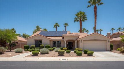 Fototapeta premium Modern suburban luxury home with solar panels and palm trees under clear blue sky